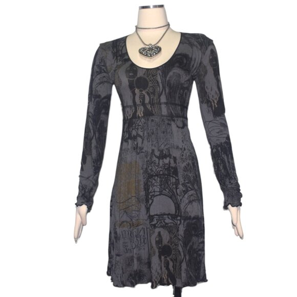 MC Planet Stretch Knit Short Dress Retro Art Deco Print Long Sleeves S M 8 - Picture 7 of 7